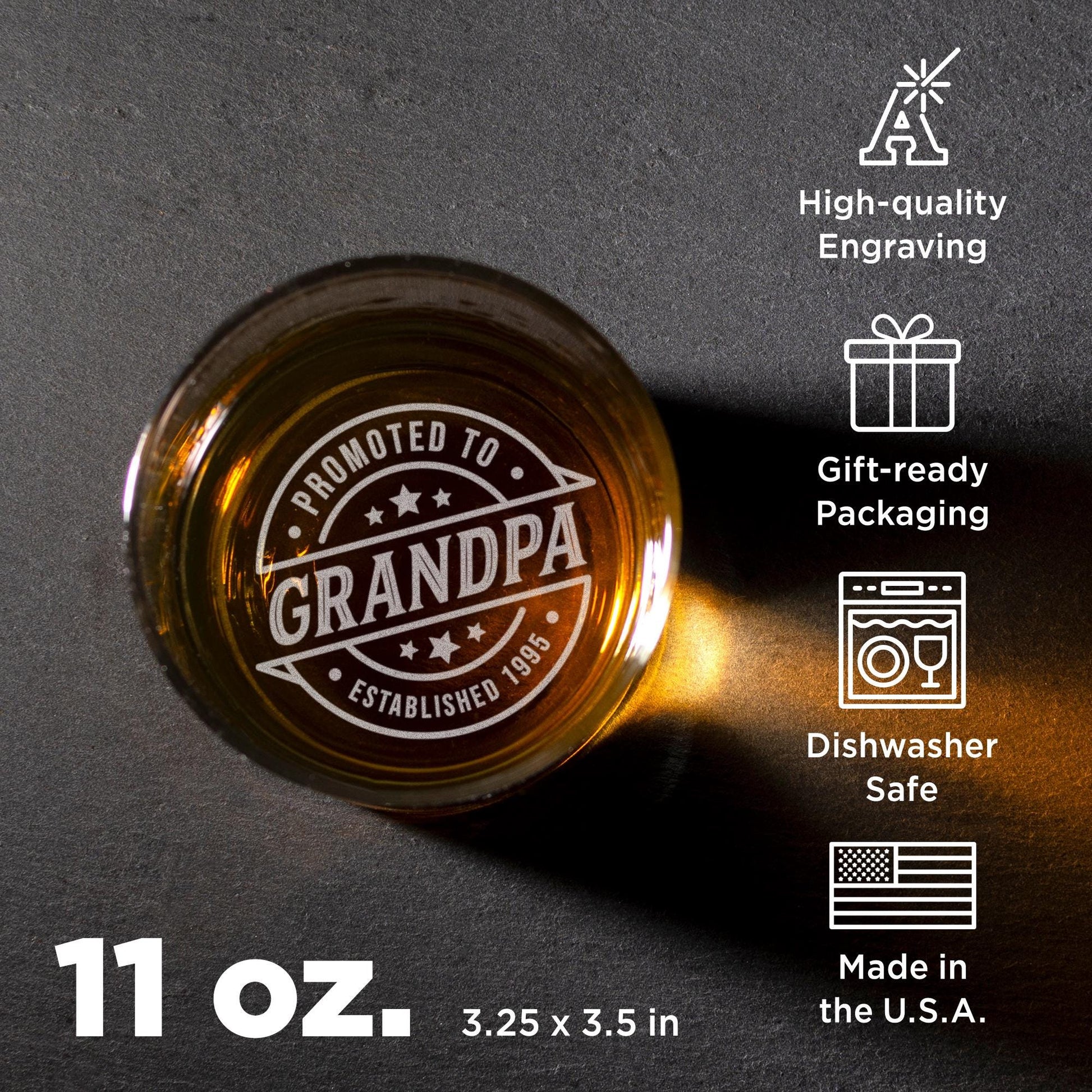 Promoted To Grandpa Whiskey Glass – Personalized Grandpa Gift – Custom Engraved Rocks Glass – Father’s Day, Birthday, Retirement