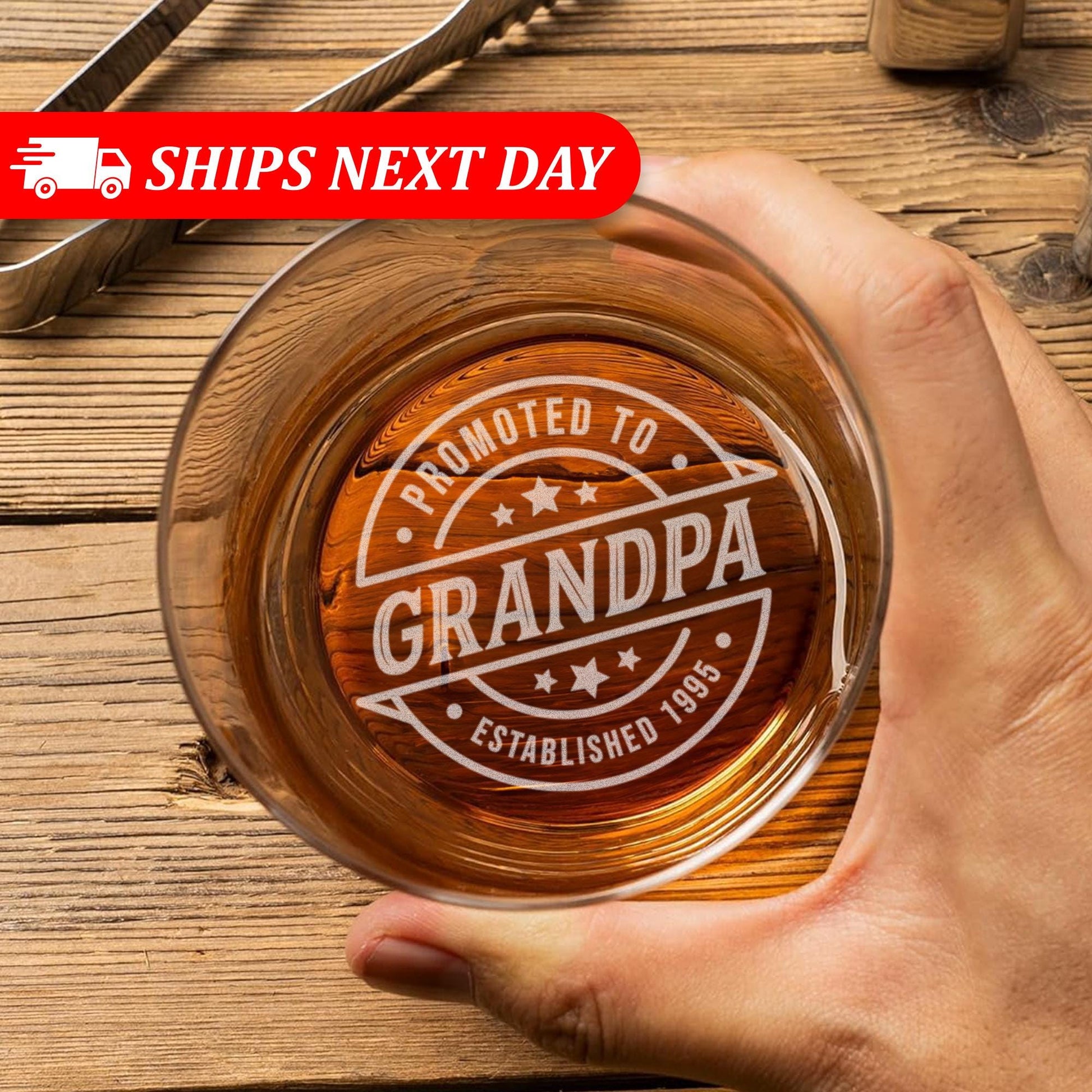 Promoted To Grandpa Whiskey Glass – Personalized Grandpa Gift – Custom Engraved Rocks Glass – Father’s Day, Birthday, Retirement