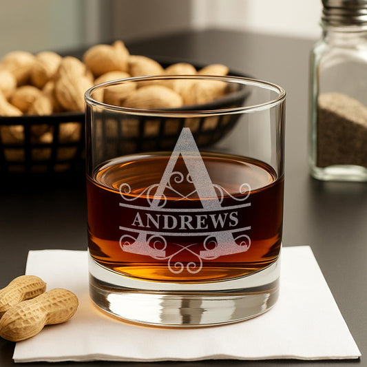 Personalized Whiskey Glass - Gift for Men - 11 oz Engraved Name and Monogram Scotch Glass - Customized Cocktail, Rocks, Brandy Glass