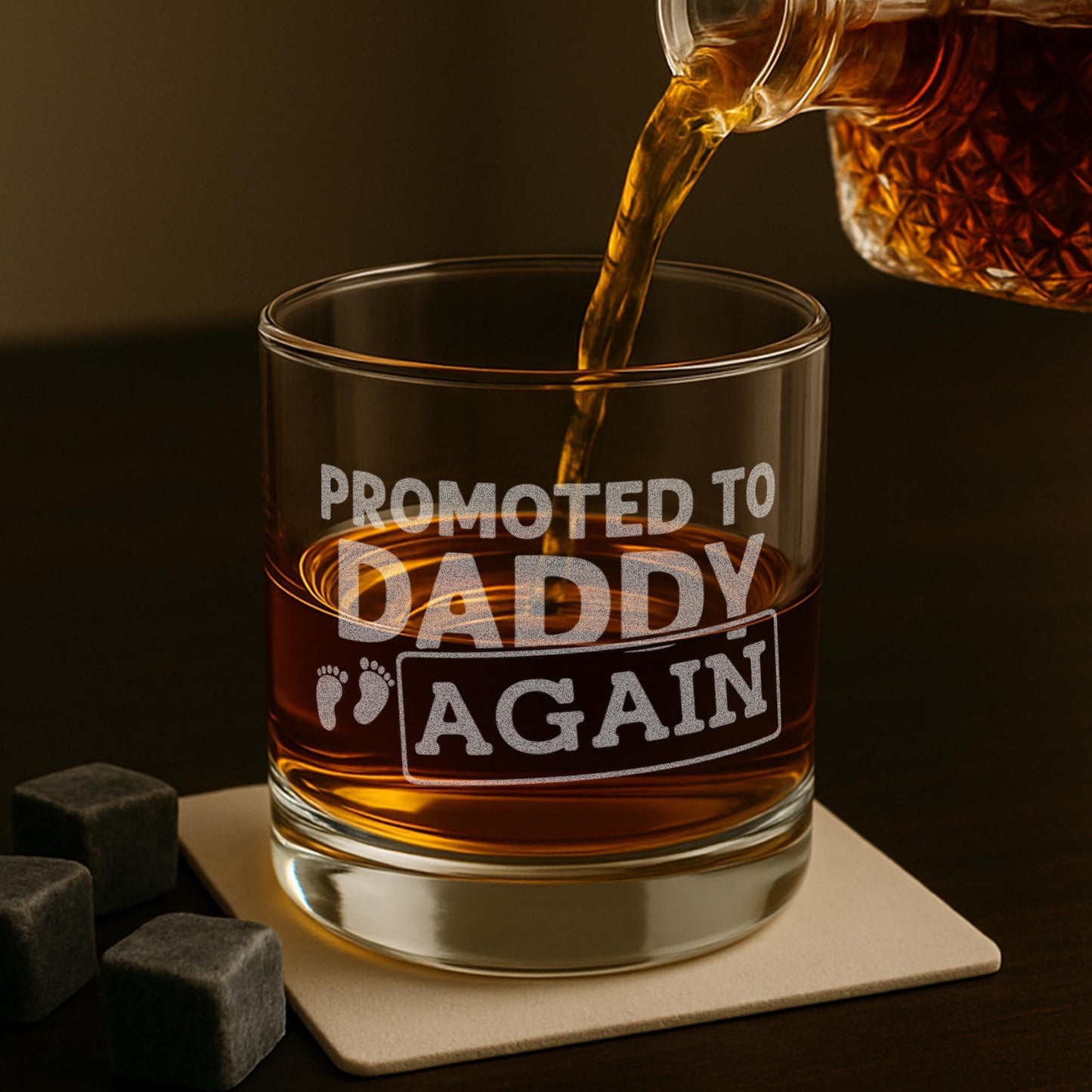 Promoted to Daddy Again Whiskey Glass, Personalized Pregnancy Announcement Gift for Dad, New Baby Reveal Gift for Husband, Engraved Glass