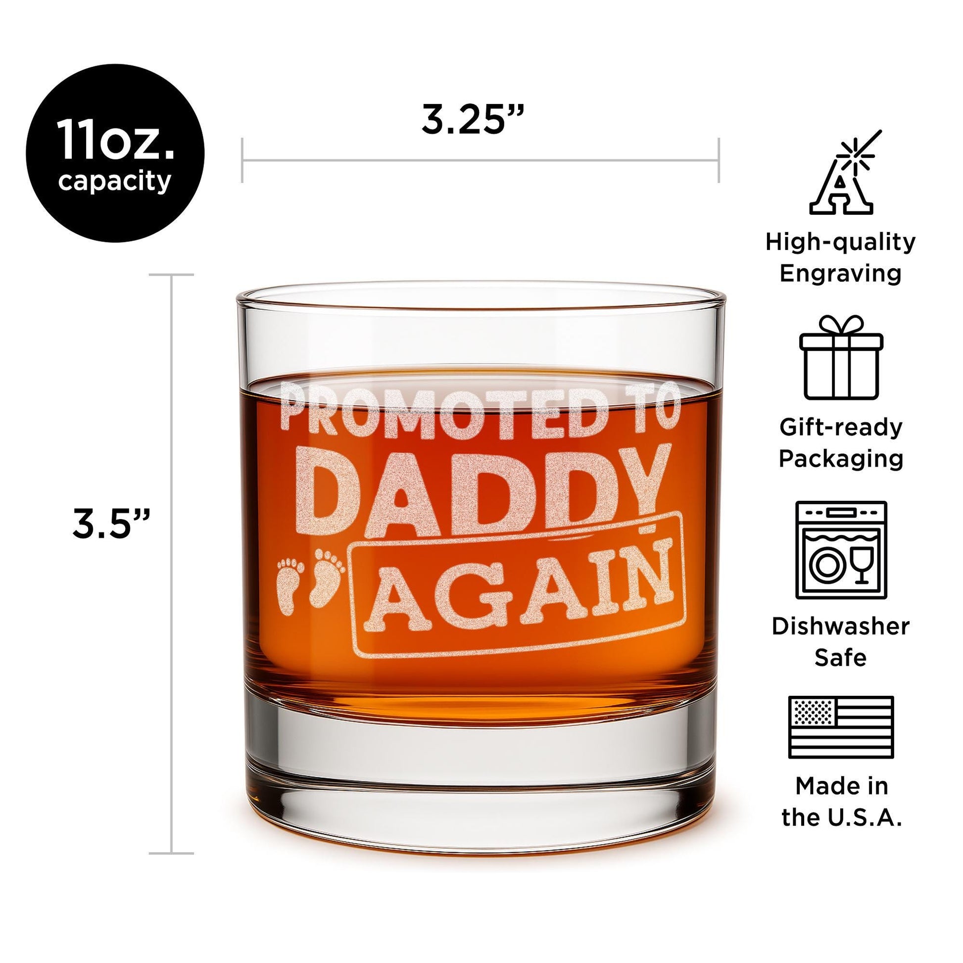 Promoted to Daddy Again Whiskey Glass, Personalized Pregnancy Announcement Gift for Dad, New Baby Reveal Gift for Husband, Engraved Glass
