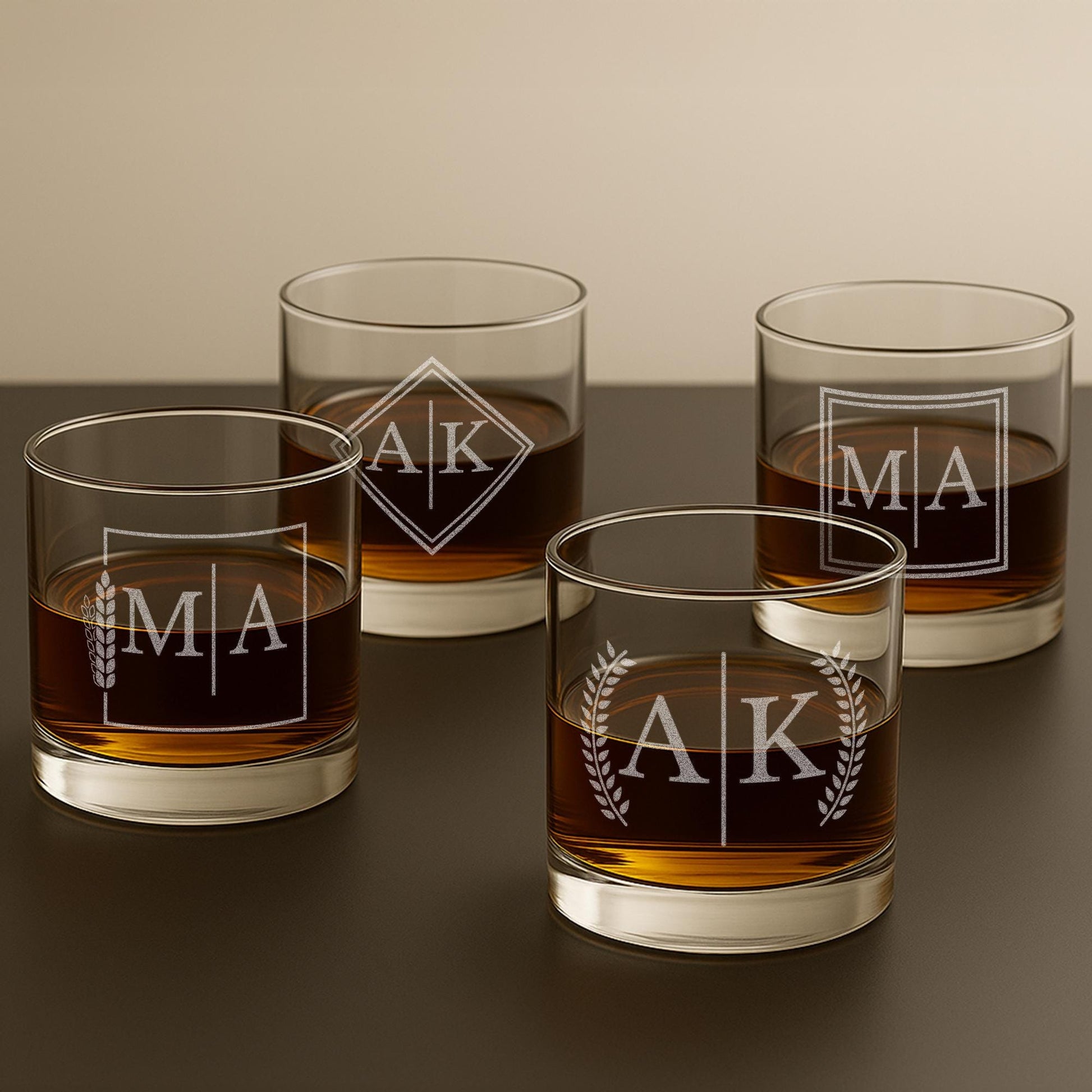Engraved Split Monogrammed Whiskey Glass Set of 4 - Personalized Whiskey Gift for Men - Customized Cocktail, Bourbon, Scotch, Rocks Glass
