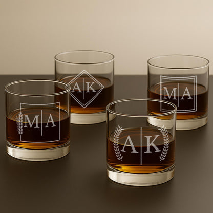 Engraved Split Monogrammed Whiskey Glass Set of 4 - Personalized Whiskey Gift for Men - Customized Cocktail, Bourbon, Scotch, Rocks Glass