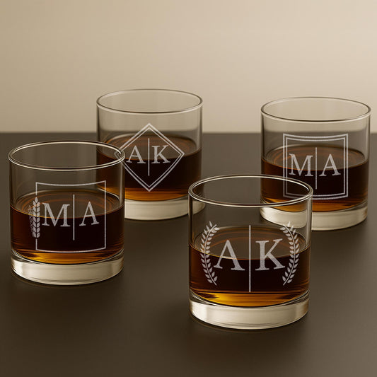 Engraved Split Monogrammed Whiskey Glass Set of 4 - Personalized Whiskey Gift for Men - Customized Cocktail, Bourbon, Scotch, Rocks Glass