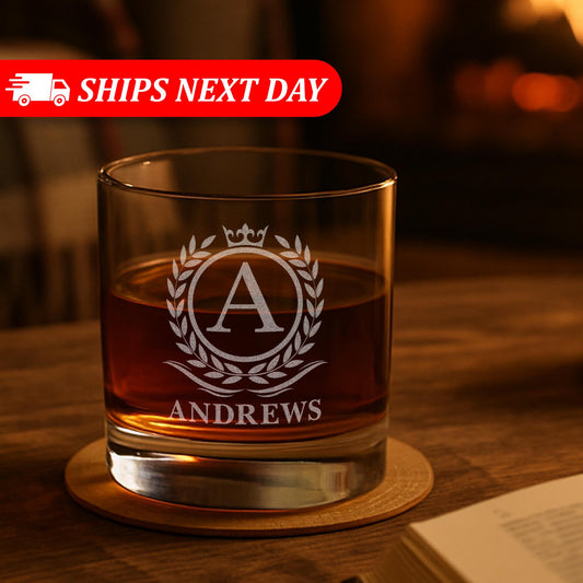 Personalized Whiskey Glass - Gift for Men - 11 oz Engraved Name and Monogram Scotch Glass - Customized Cocktail, Rocks, Brandy Glass