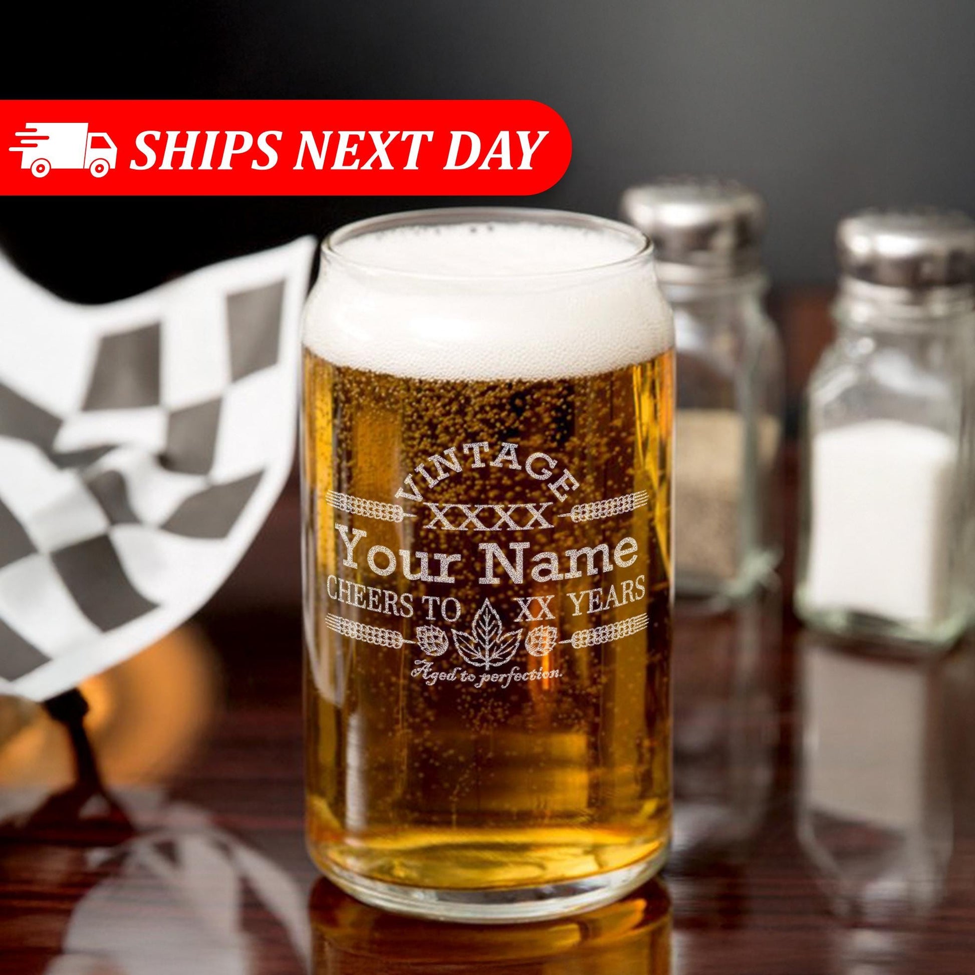 Engraved Customized Beer Can Glass-Vintage-Cheers-Aged to Perfection-Personalized Birthday Gift for Men and Women