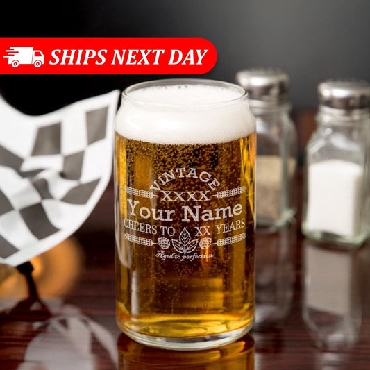 Engraved Customized Beer Can Glass-Vintage-Cheers-Aged to Perfection-Personalized Birthday Gift for Men and Women
