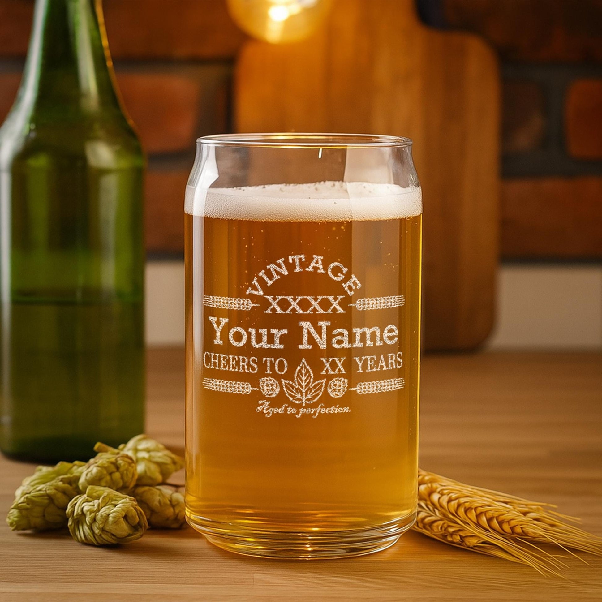 Engraved Customized Beer Can Glass-Vintage-Cheers-Aged to Perfection-Personalized Birthday Gift for Men and Women
