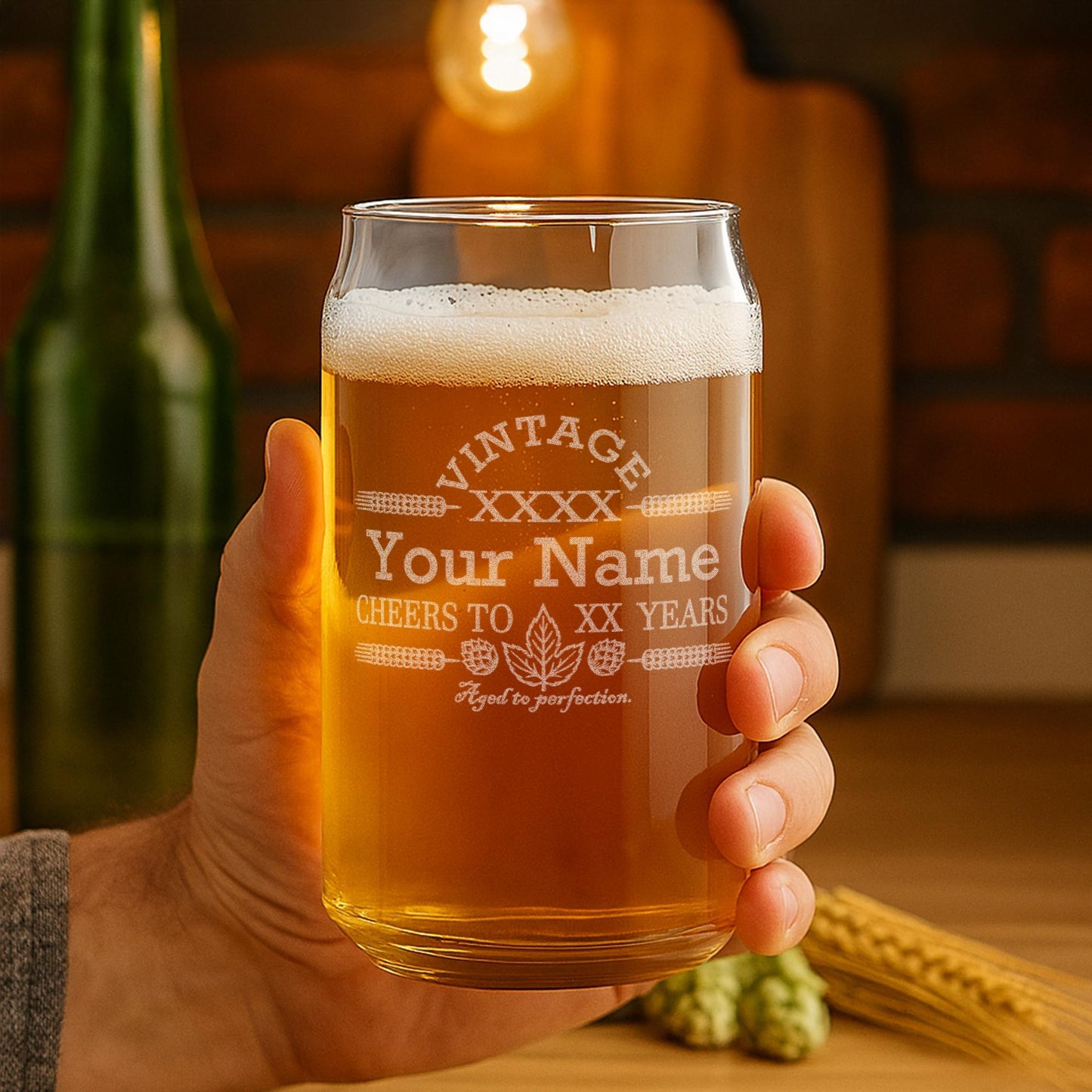 Engraved Customized Beer Can Glass-Vintage-Cheers-Aged to Perfection-Personalized Birthday Gift for Men and Women