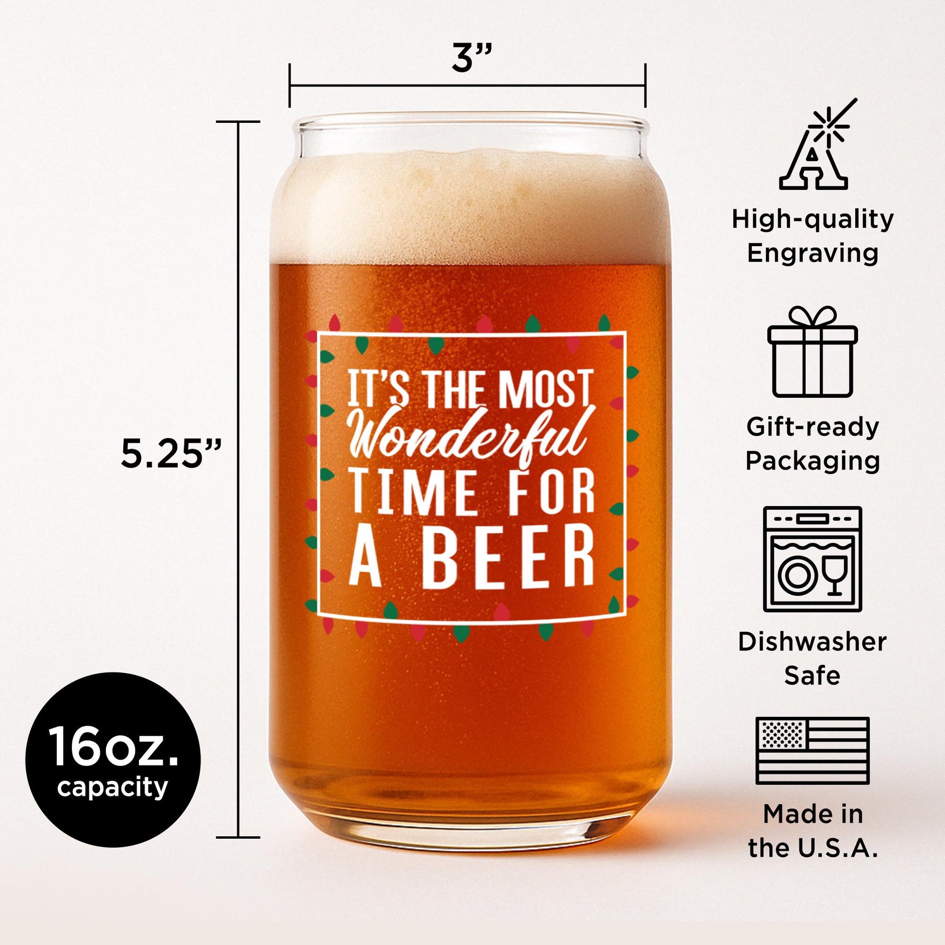 It's The Most Wonderful Time For a Beer-Funny Gifts-Beer Glass-Christmas Gift-Secret Santa-Gifts for Men-Holiday Barware-Gift for Him