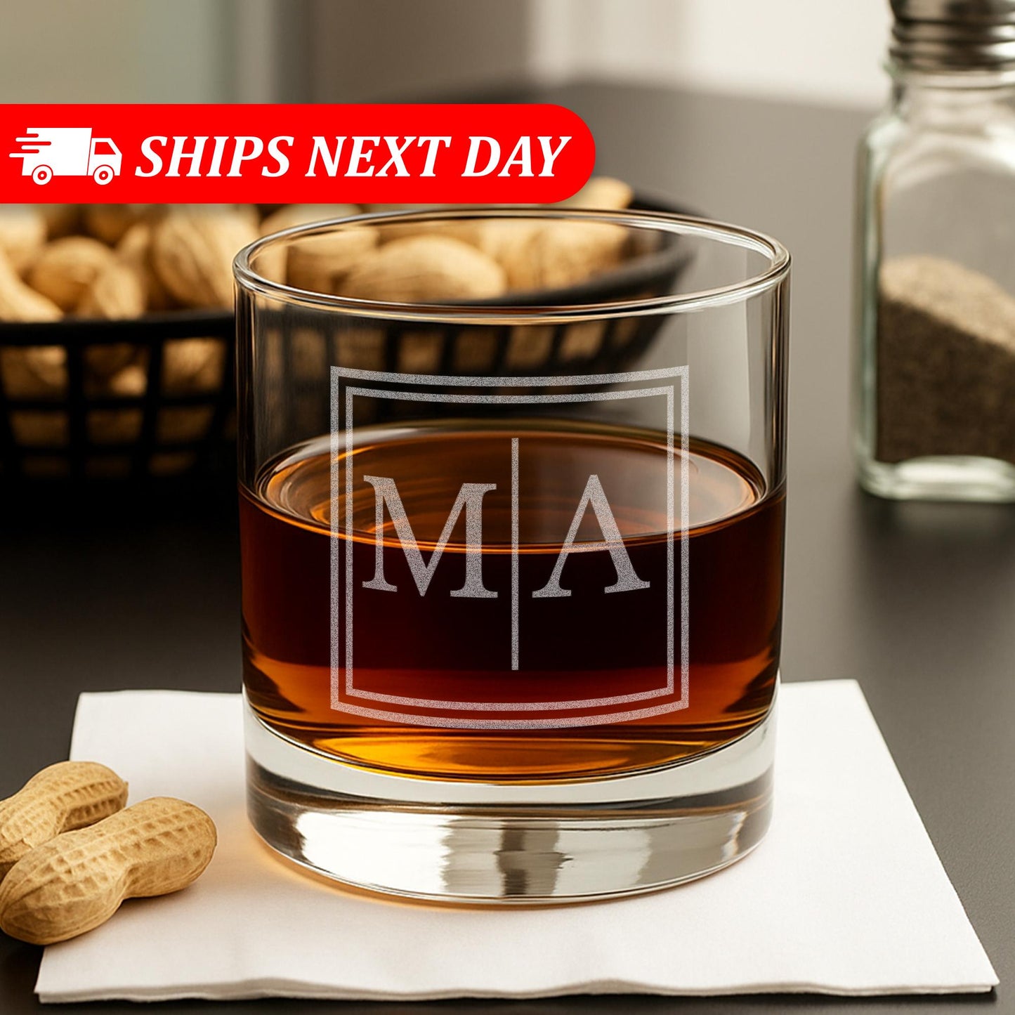 Personalized Whiskey Glass Gift for Men - 11 oz Engraved Split Monogram Glass for Whiskey, Bourbon, Scotch, Rocks, Brandy