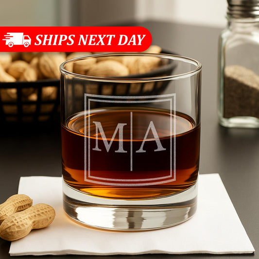 Personalized Whiskey Glass Gift for Men - 11 oz Engraved Split Monogram Glass for Whiskey, Bourbon, Scotch, Rocks, Brandy