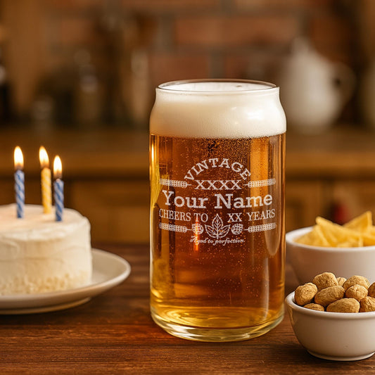 Engraved Customized Beer Can Glass-Vintage-Cheers-Aged to Perfection-Personalized Birthday Gift for Men and Women
