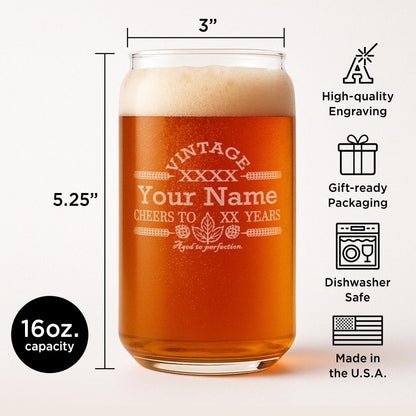Engraved Customized Beer Can Glass-Vintage-Cheers-Aged to Perfection-Personalized Birthday Gift for Men and Women