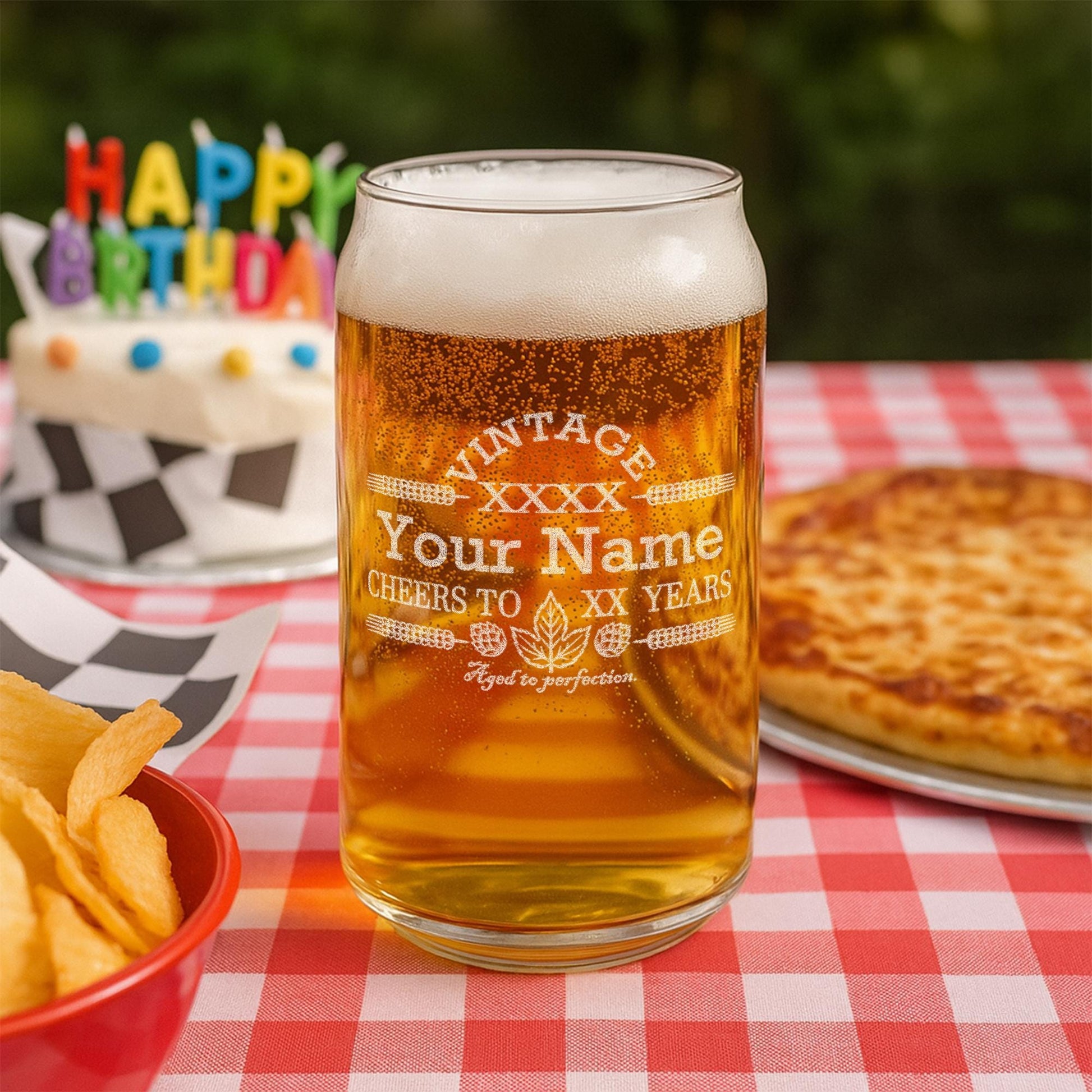 Engraved Customized Beer Can Glass-Vintage-Cheers-Aged to Perfection-Personalized Birthday Gift for Men and Women