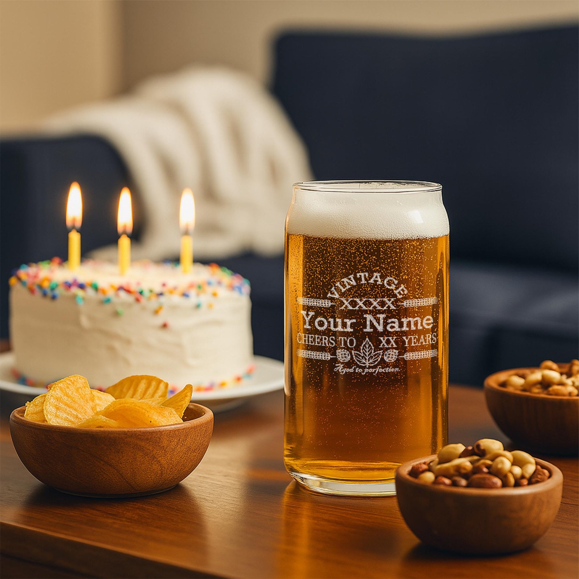 Engraved Customized Beer Can Glass-Vintage-Cheers-Aged to Perfection-Personalized Birthday Gift for Men and Women