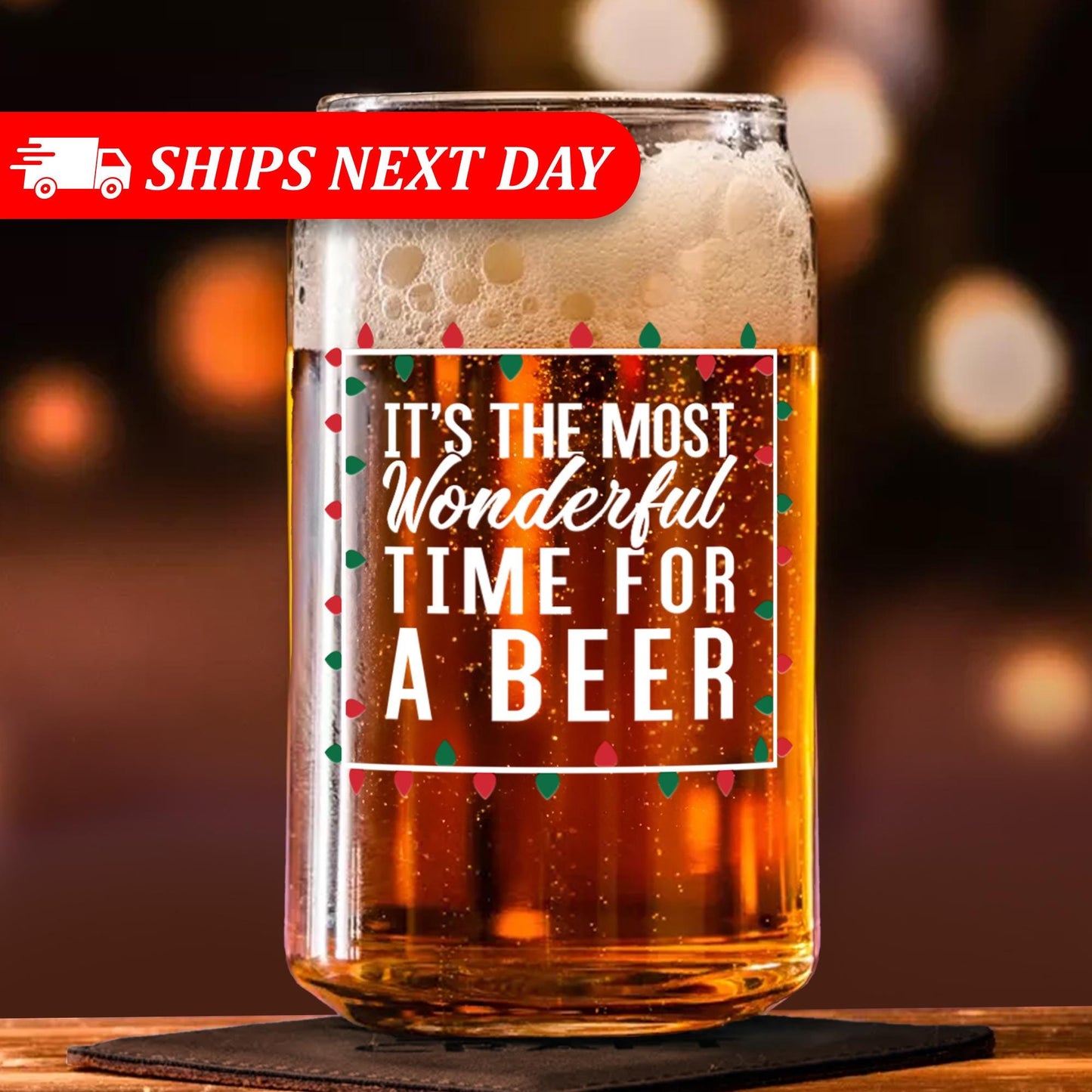 It's The Most Wonderful Time For a Beer-Funny Gifts-Beer Glass-Christmas Gift-Secret Santa-Gifts for Men-Holiday Barware-Gift for Him