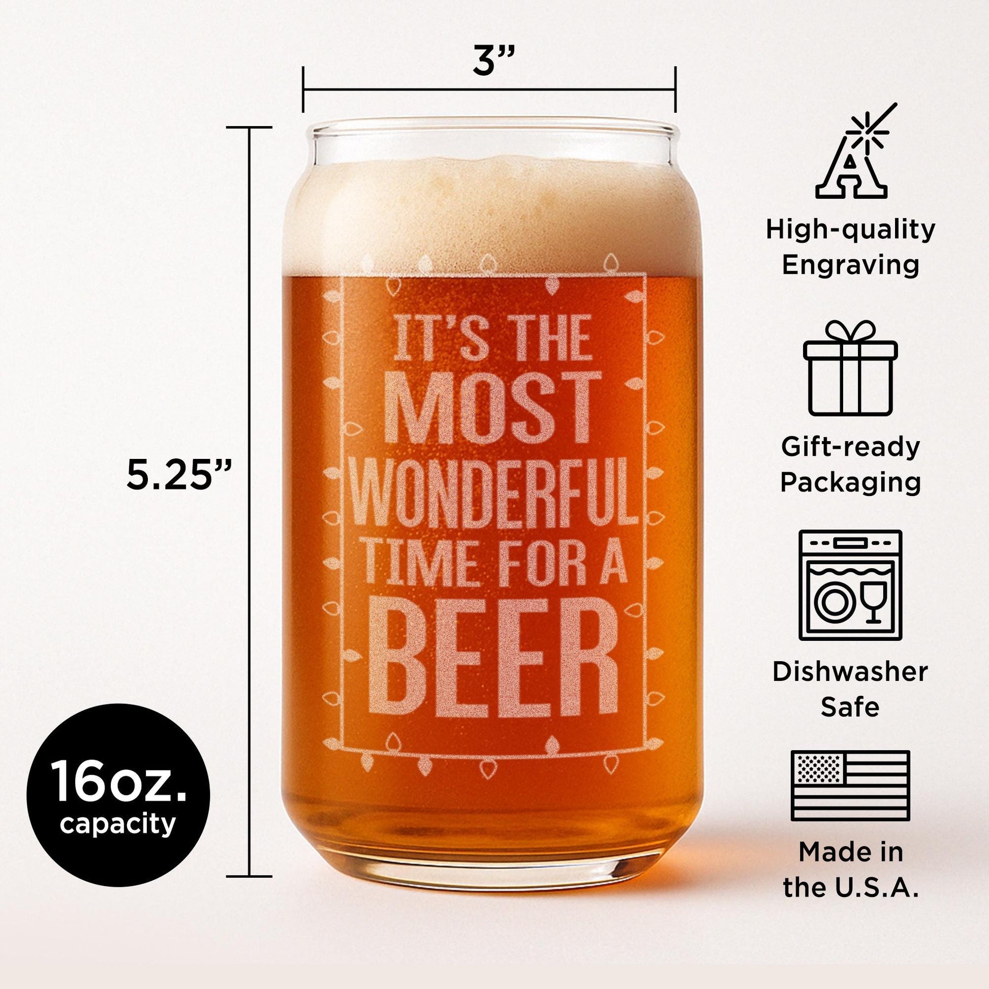 Christmas Beer Can Glass-It's The Most Wonderful Time For A Beer-Funny Christmas Gift-Funny Gift for Men-Stocking Stuffer Gift Ideas