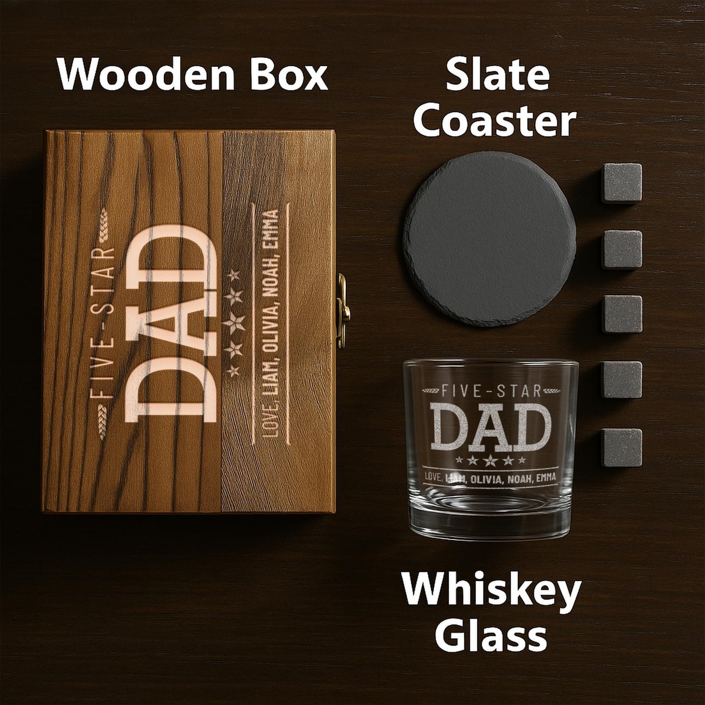 Personalized Whiskey Gifts for Dad – 11 oz Custom Engraved Glass with Slate Coaster, Chilling Stones & Wooden Box – 4 Custom Designs for Dad