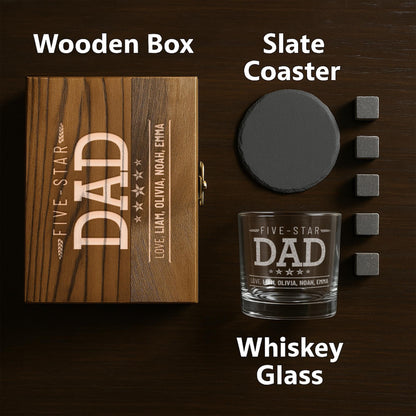 Personalized Whiskey Gifts for Dad – 11 oz Custom Engraved Glass with Slate Coaster, Chilling Stones & Wooden Box – 4 Custom Designs for Dad