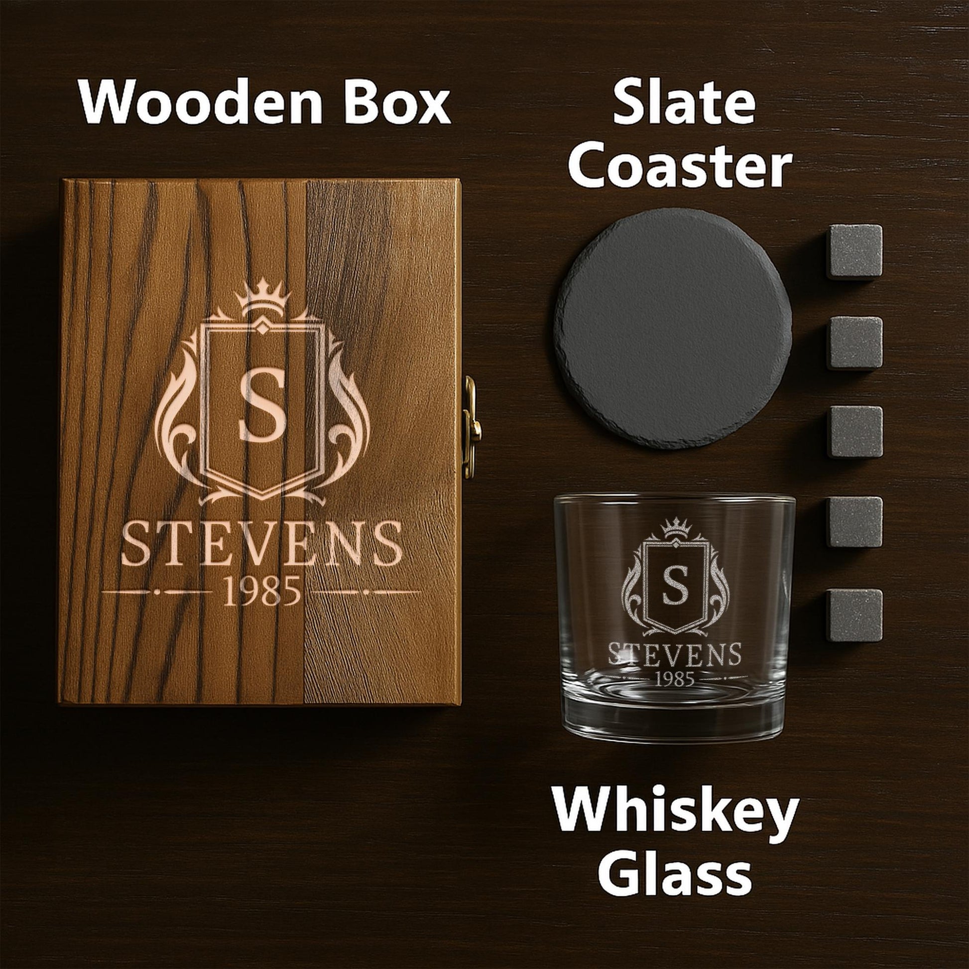 Personalized Wedding Gifts – 11 oz Engraved Bourbon Glass Set with Slate Coaster, Chilling Stones & Wooden Box – 4 Designs for Anniversary