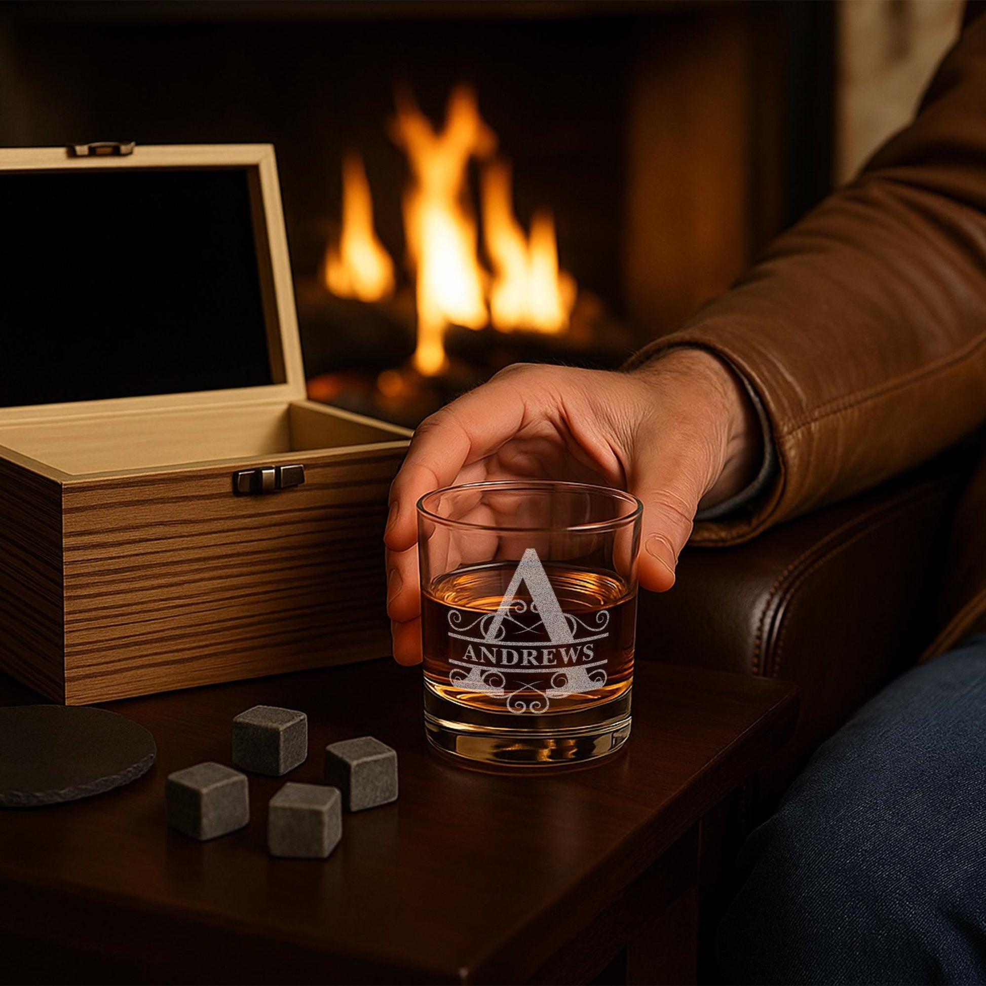 Personalized Name Monogram Whiskey Glass Gift Set – 11 oz Engraved Monogram Bourbon Glass with Slate Coaster, Chilling Stones & Wooden Box