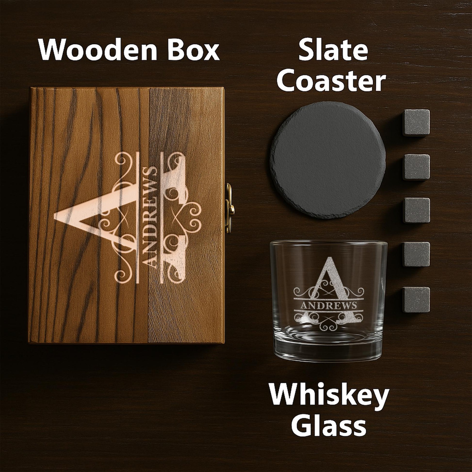Personalized Name Monogram Whiskey Glass Gift Set – 11 oz Engraved Monogram Bourbon Glass with Slate Coaster, Chilling Stones & Wooden Box