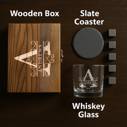 Personalized Name Monogram Whiskey Glass Gift Set – 11 oz Engraved Monogram Bourbon Glass with Slate Coaster, Chilling Stones & Wooden Box