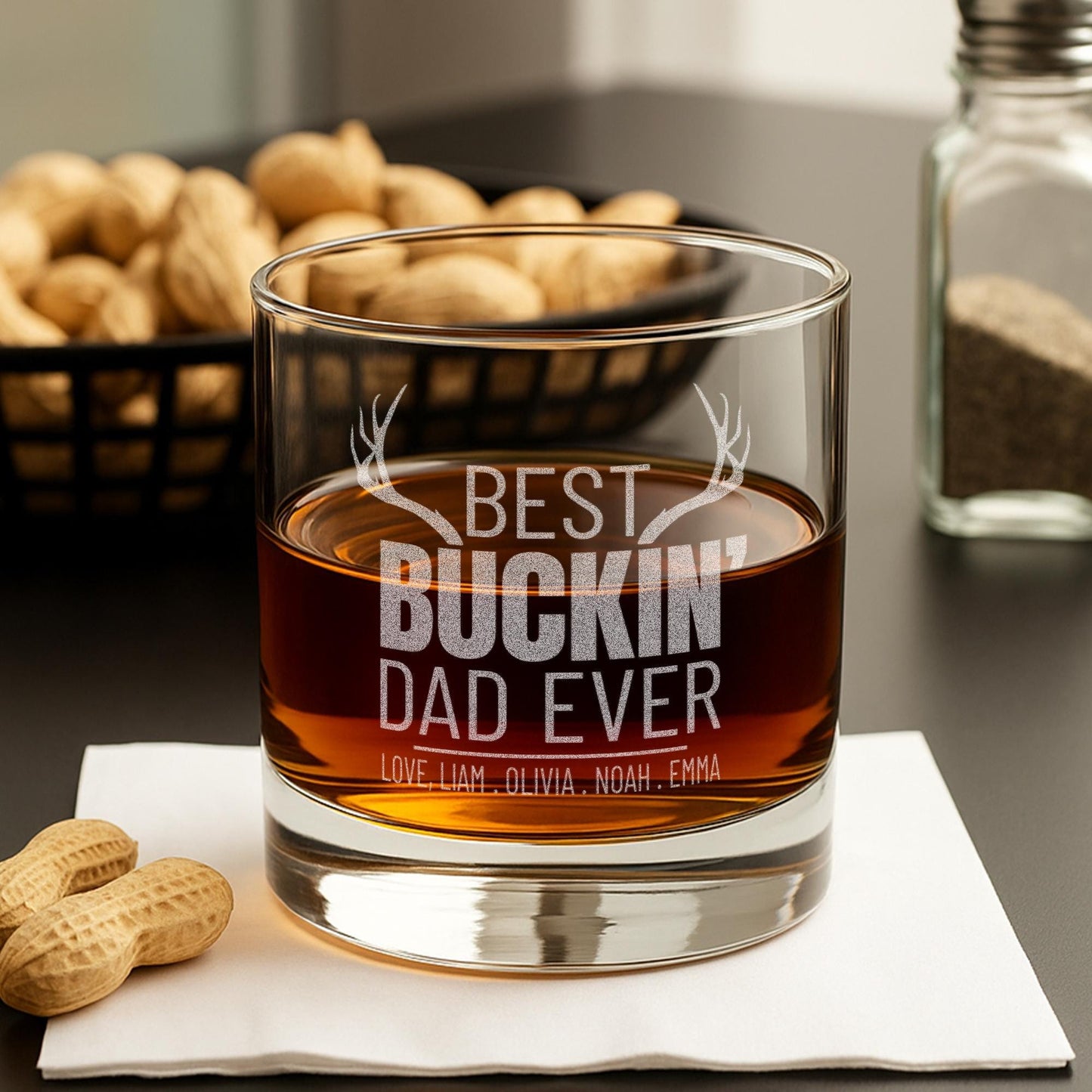 Personalized Whiskey Gifts for Dad – 11 oz Custom Engraved Glass with Slate Coaster, Chilling Stones & Wooden Box – 4 Custom Designs for Dad