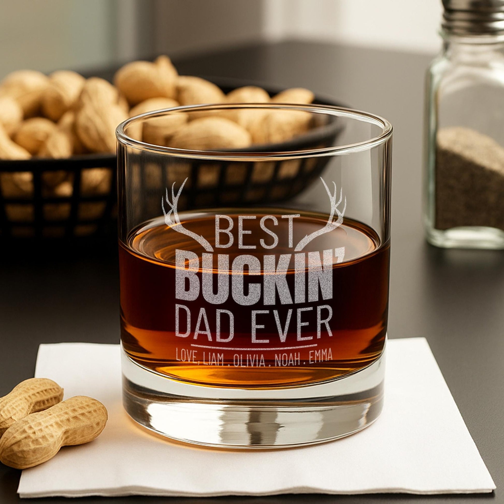 Personalized Whiskey Gifts for Dad – 11 oz Custom Engraved Glass with Slate Coaster, Chilling Stones & Wooden Box – 4 Custom Designs for Dad