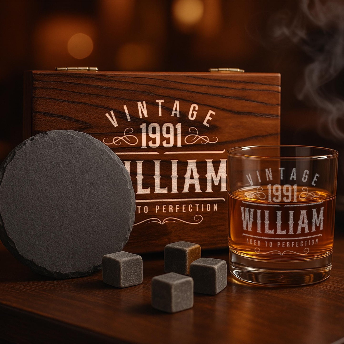 Personalized Vintage Birthday Gifts for Men – 11 oz Custom Engraved Bourbon Glass Set with Slate Coaster, Chilling Stones & Wooden Box