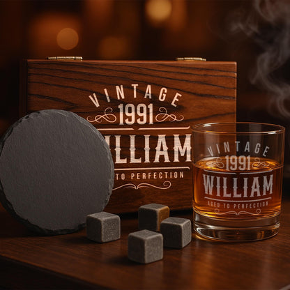 Personalized Vintage Birthday Gifts for Men – 11 oz Custom Engraved Bourbon Glass Set with Slate Coaster, Chilling Stones & Wooden Box