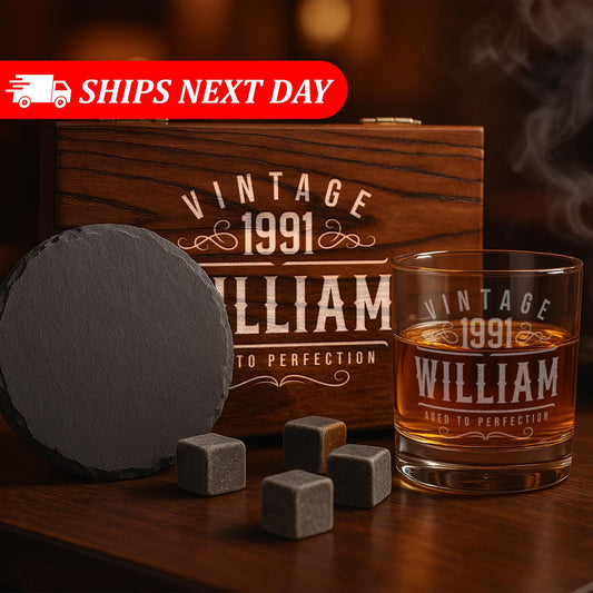 Personalized Vintage Birthday Gifts for Men – 11 oz Custom Engraved Bourbon Glass Set with Slate Coaster, Chilling Stones & Wooden Box