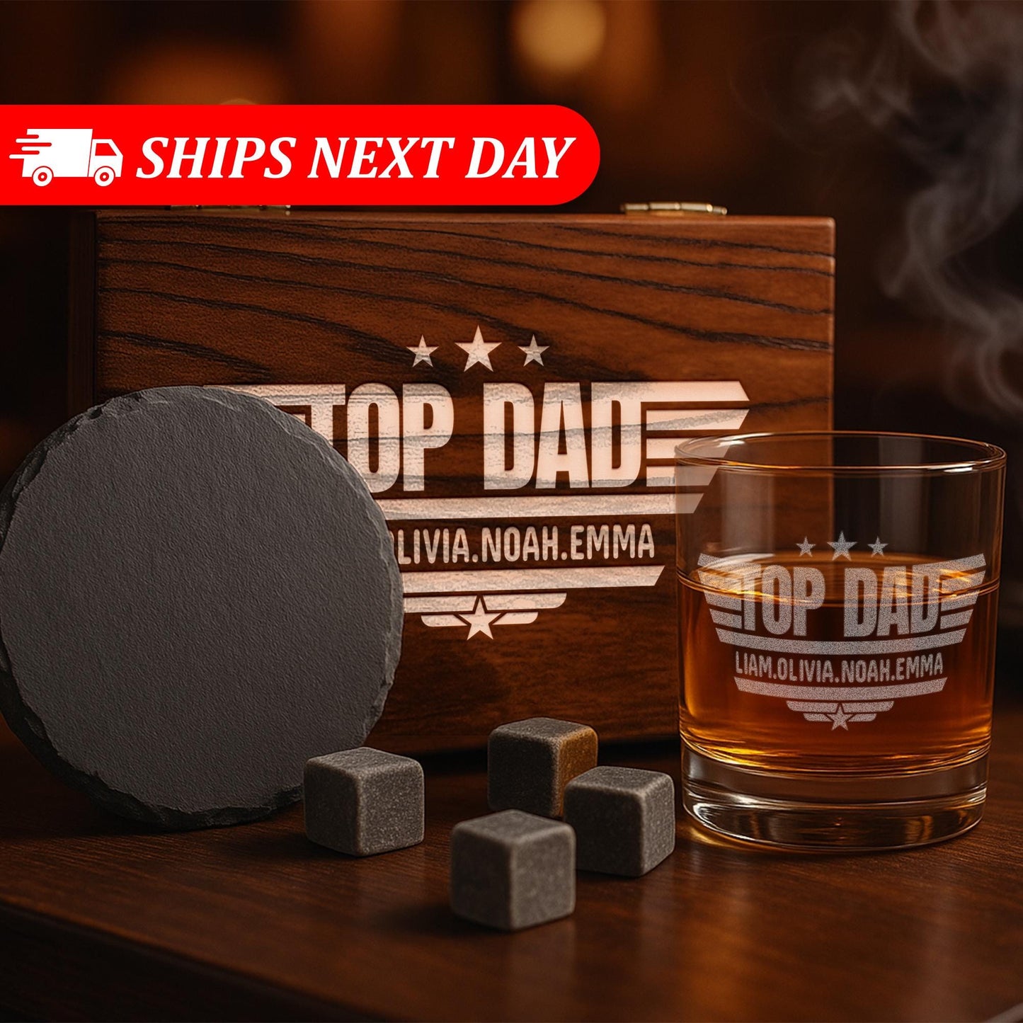 Personalized Whiskey Gifts for Dad – 11 oz Custom Engraved Glass with Slate Coaster, Chilling Stones & Wooden Box – 4 Custom Designs for Dad