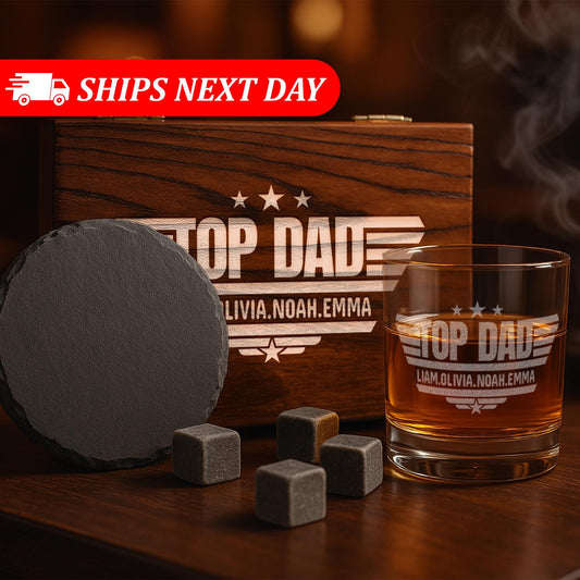 Personalized Whiskey Gifts for Dad – 11 oz Custom Engraved Glass with Slate Coaster, Chilling Stones & Wooden Box – 4 Custom Designs for Dad