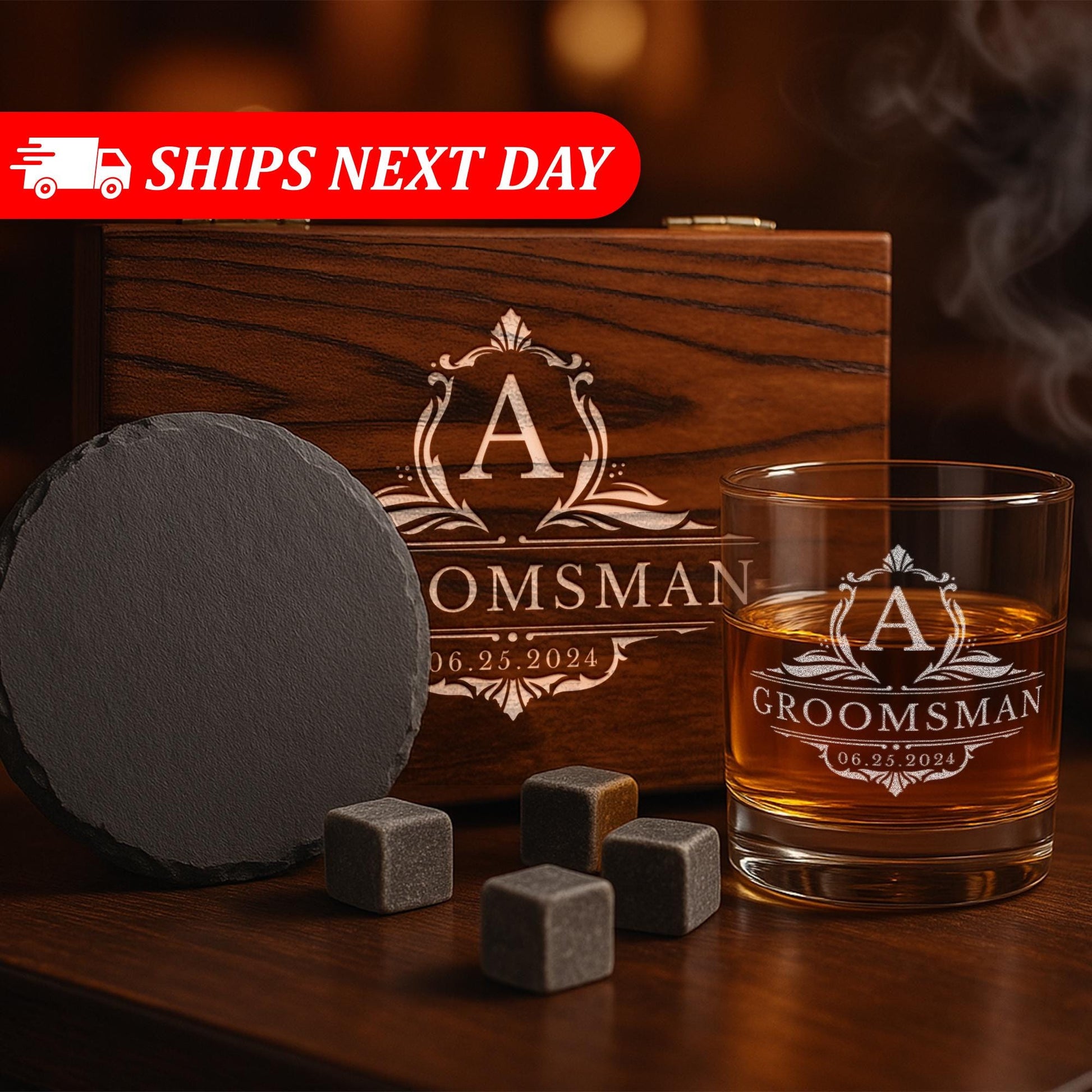Personalized Groomsmen Whiskey Glass Gift Set – Custom Gift – Engraved 11 oz Scotch Glass with Slate Coaster, Chilling Stones & Wooden Box