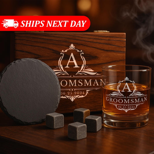 Personalized Groomsmen Whiskey Glass Gift Set – Custom Gift – Engraved 11 oz Scotch Glass with Slate Coaster, Chilling Stones & Wooden Box