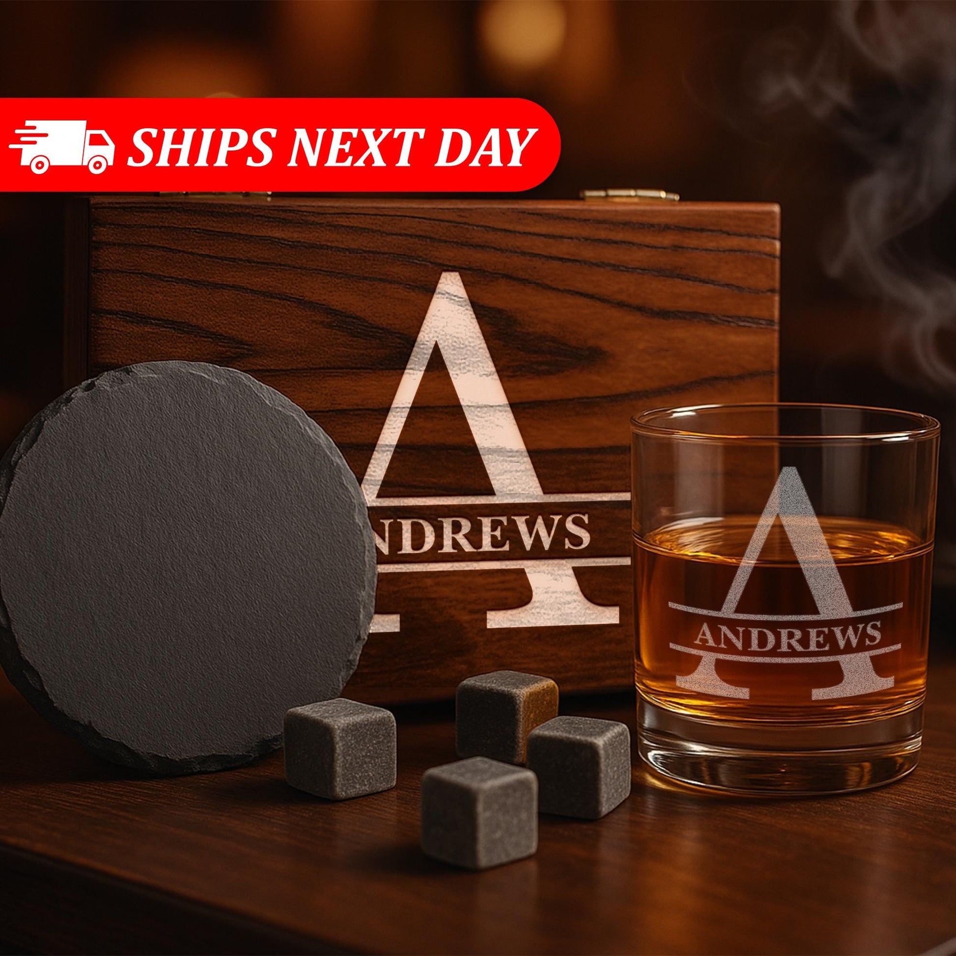Personalized Name Monogram Whiskey Glass Gift Set – 11 oz Engraved Monogram Bourbon Glass with Slate Coaster, Chilling Stones & Wooden Box