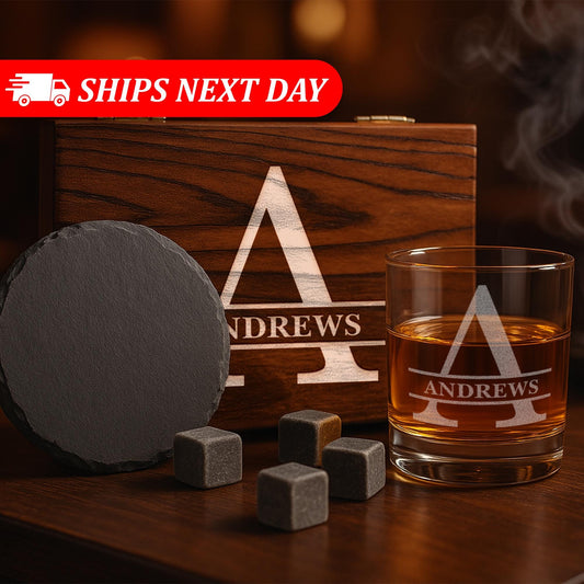 Personalized Name Monogram Whiskey Glass Gift Set – 11 oz Engraved Monogram Bourbon Glass with Slate Coaster, Chilling Stones & Wooden Box