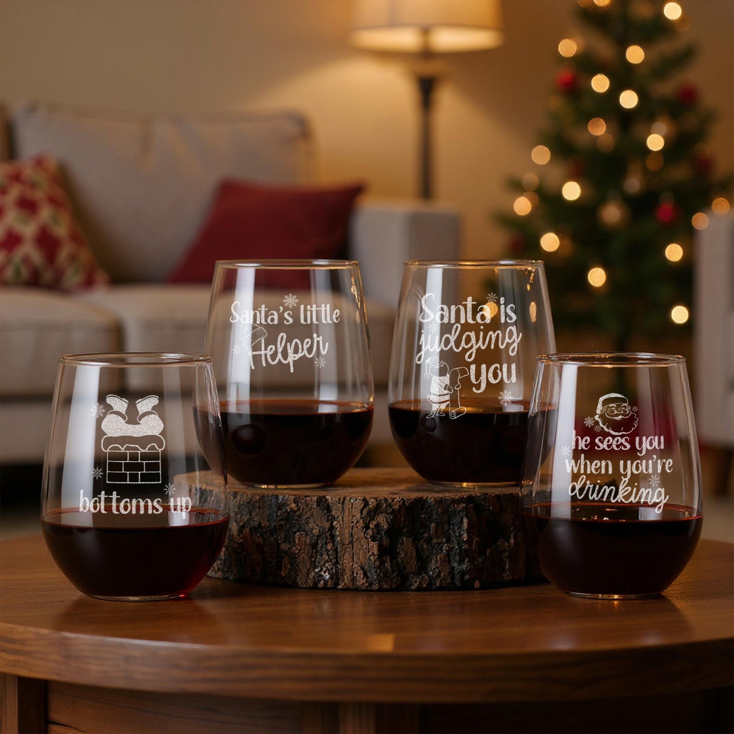 Funny Santa Wine Glasses-Christmas Wine Glass-Secret Santa Gift-He Sees You When You’re Drinking-Holiday Gift Exchange-Xmas Drinkware