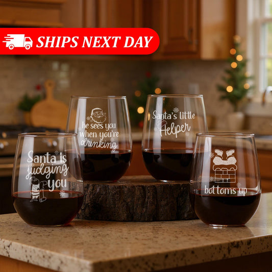 Funny Santa Wine Glasses-Christmas Wine Glass-Secret Santa Gift-He Sees You When You’re Drinking-Holiday Gift Exchange-Xmas Drinkware