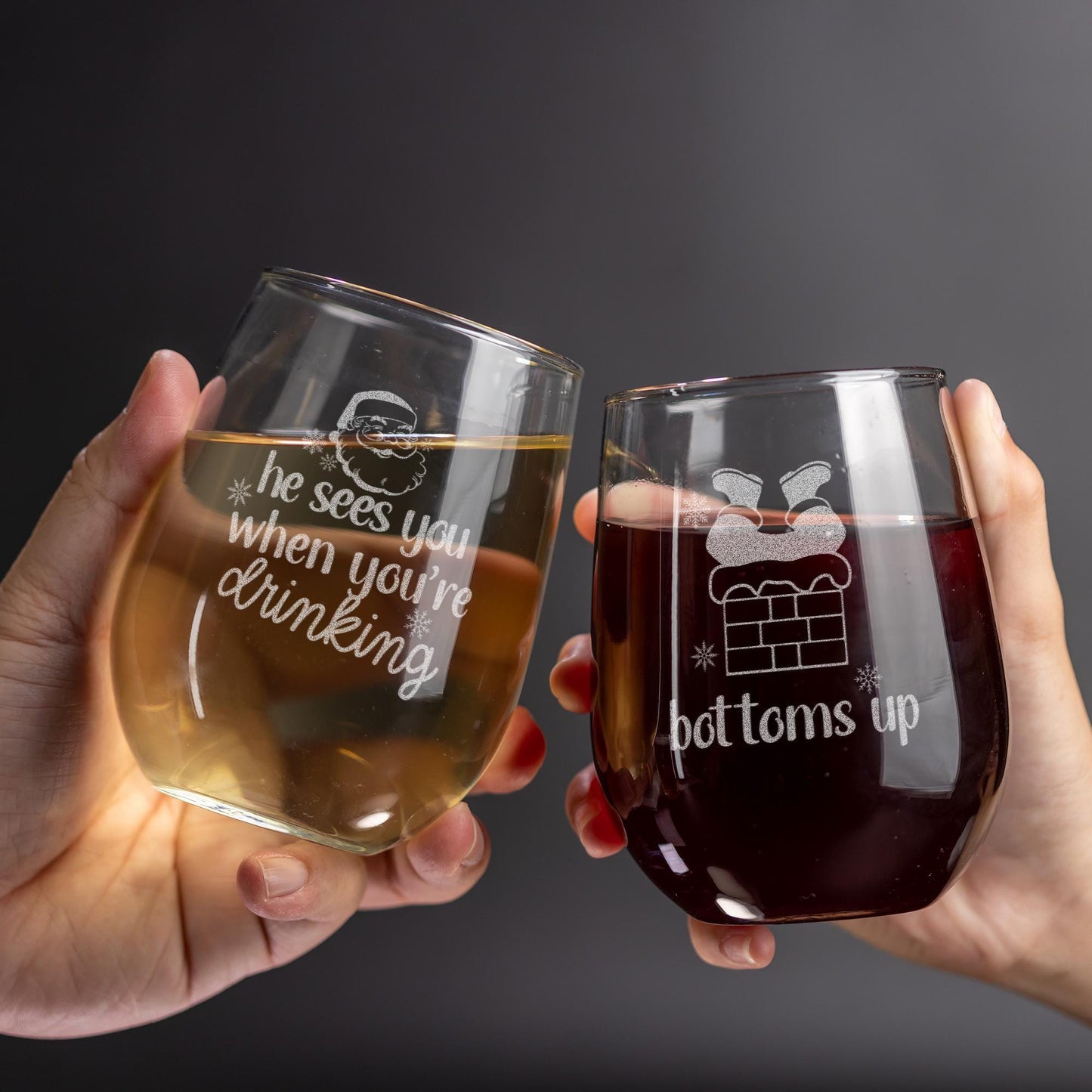 Funny Santa Wine Glasses-Christmas Wine Glass-Secret Santa Gift-He Sees You When You’re Drinking-Holiday Gift Exchange-Xmas Drinkware