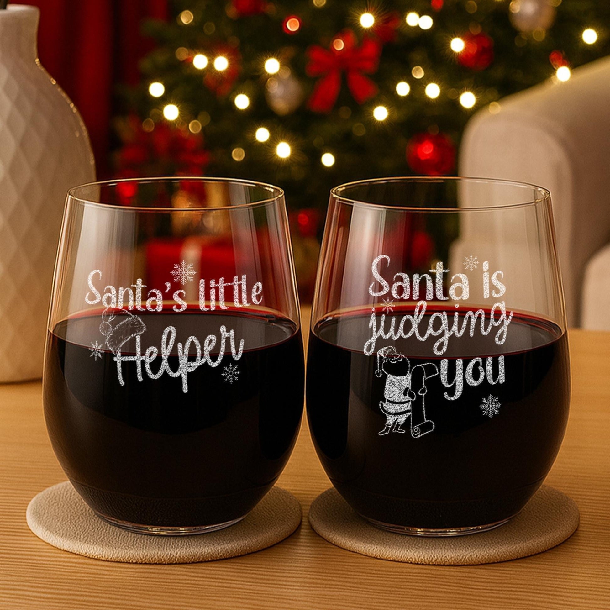 Funny Santa Wine Glasses-Christmas Wine Glass-Secret Santa Gift-He Sees You When You’re Drinking-Holiday Gift Exchange-Xmas Drinkware