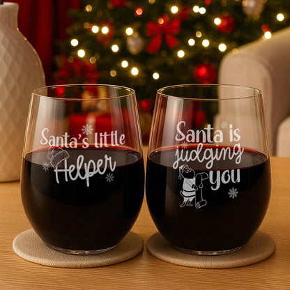 Funny Santa Wine Glasses-Christmas Wine Glass-Secret Santa Gift-He Sees You When You’re Drinking-Holiday Gift Exchange-Xmas Drinkware