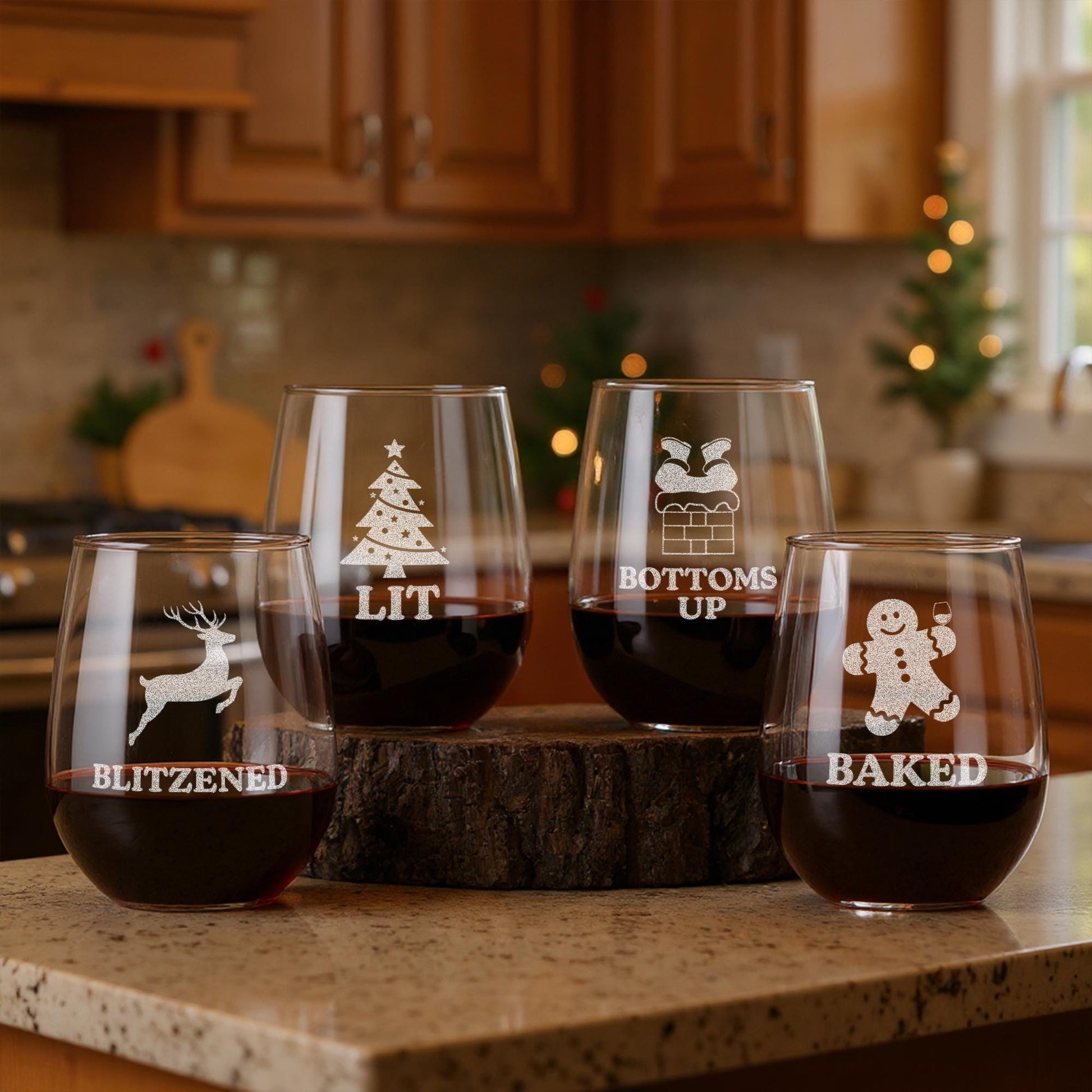 Funny Christmas Wine Glasses-Funny Christmas Gifts-Secret Santa Gift Ideas-Funny Christmas Decor-Funny Christmas Gifts-Bottoms Up-Blitzened