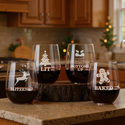 Funny Christmas Wine Glasses-Funny Christmas Gifts-Secret Santa Gift Ideas-Funny Christmas Decor-Funny Christmas Gifts-Bottoms Up-Blitzened