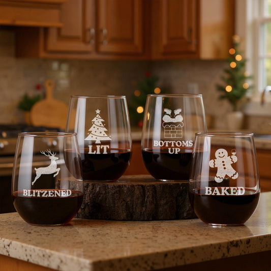 Funny Christmas Wine Glasses-Funny Christmas Gifts-Secret Santa Gift Ideas-Funny Christmas Decor-Funny Christmas Gifts-Bottoms Up-Blitzened