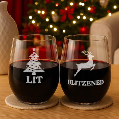 Funny Christmas Wine Glasses-Funny Christmas Gifts-Secret Santa Gift Ideas-Funny Christmas Decor-Funny Christmas Gifts-Bottoms Up-Blitzened