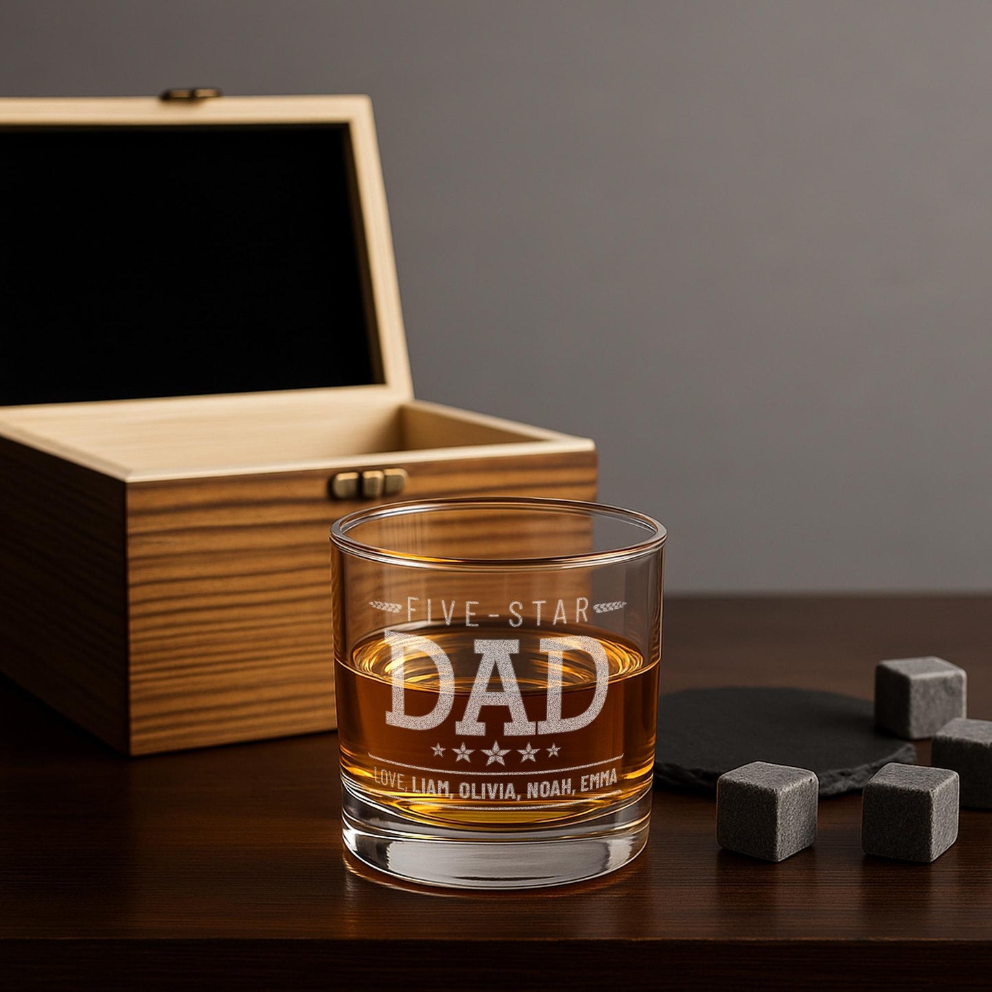 Personalized Whiskey Gifts for Dad – 11 oz Custom Engraved Glass with Slate Coaster, Chilling Stones & Wooden Box – 4 Custom Designs for Dad