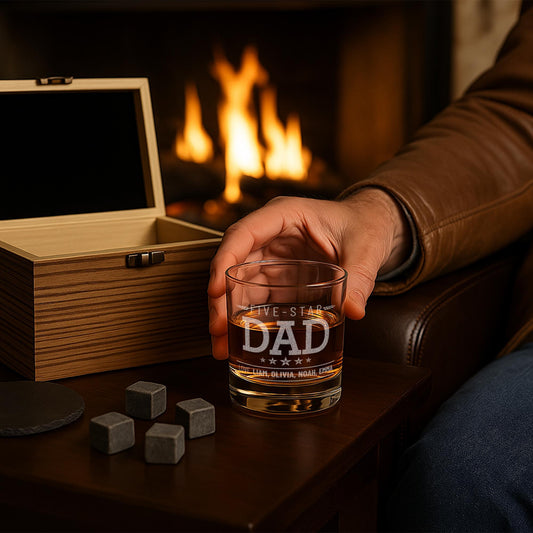 Personalized Whiskey Gifts for Dad – 11 oz Custom Engraved Glass with Slate Coaster, Chilling Stones & Wooden Box – 4 Custom Designs for Dad